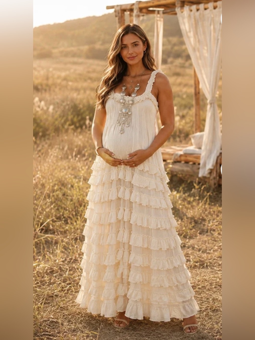 NWT Boho Lettuce Edge Tiered Ivory Maternity Maxi Dress Photoshoot